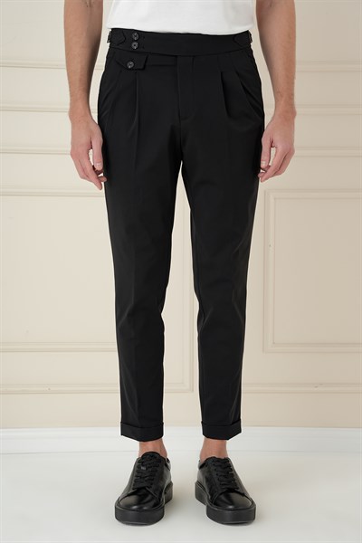 Comfort Fit Beli Tokalı Çift Pileli Siyah Jogger Pantolon P 1172