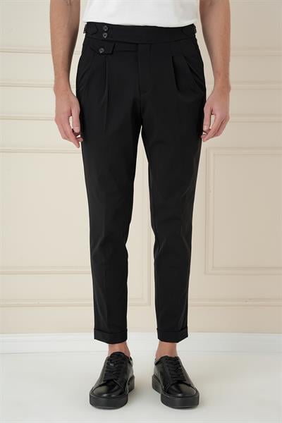 Comfort Fit Beli Tokalı Çift Pileli Siyah Jogger Pantolon P 1172