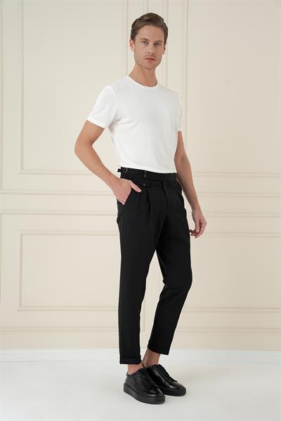 Comfort Fit Beli Tokalı Çift Pileli Siyah Jogger Pantolon P 1172