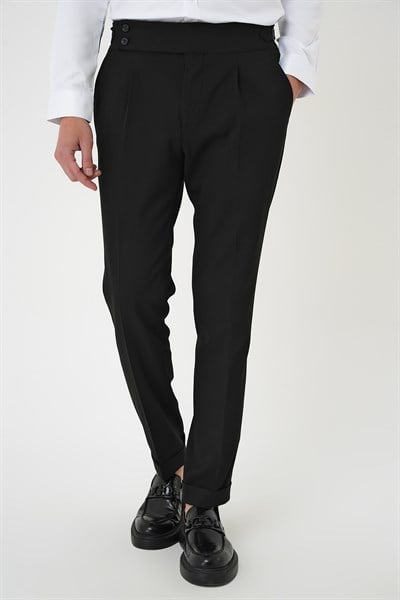 Comfort Fit Beli Tokalı Pileli Siyah Jogger Pantolon P 1170