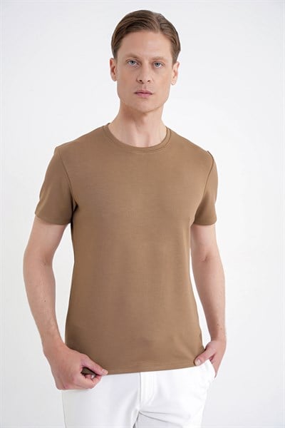 Comfort Fit Bisiklet Yaka %97 Esnek Pamuklu Vizon Tişört TS 885