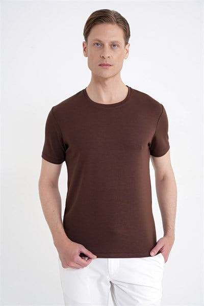 Comfort Fit Bisiklet Yaka %97 Esnek Pamuklu Kakao Tişört TS 885