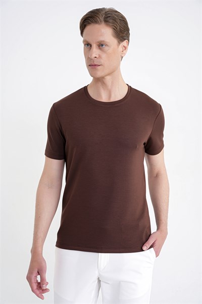 Comfort Fit Bisiklet Yaka %97 Esnek Pamuklu Kakao Tişört TS 885