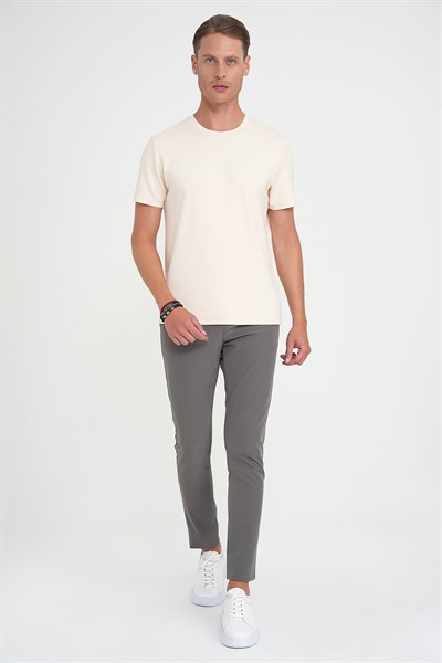 Comfort Fit Bisiklet Yaka %97 Esnek Pamuklu Krem Tişört TS 885