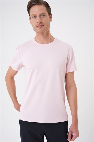 Comfort Fit Bisiklet Yaka %97 Esnek Pamuklu Pembe Tişört TS 885