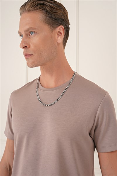 Comfort Fit Bisiklet Yaka %97 Esnek Pamuklu Koyu Bej Tişört TS 885
