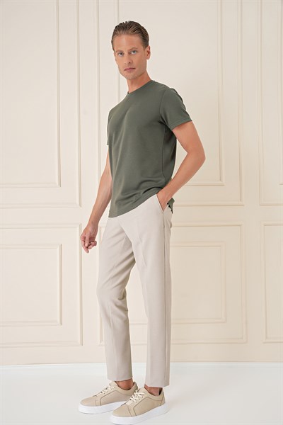Comfort Fit Bisiklet Yaka %97 Esnek Pamuklu Haki Tişört TS 885