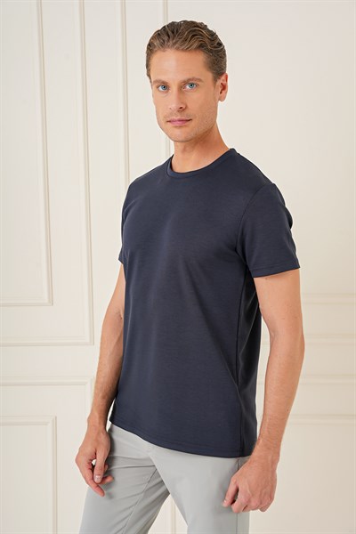 Comfort Fit Bisiklet Yaka %97 Esnek Pamuklu Lacivert Tişört TS 885