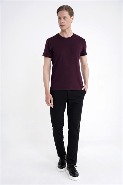 Comfort Fit Bisiklet Yaka %97 Esnek Pamuklu Mürdüm Tişört TS 885
