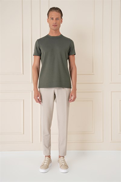 Comfort Fit Bisiklet Yaka %97 Esnek Pamuklu Haki Tişört TS 885