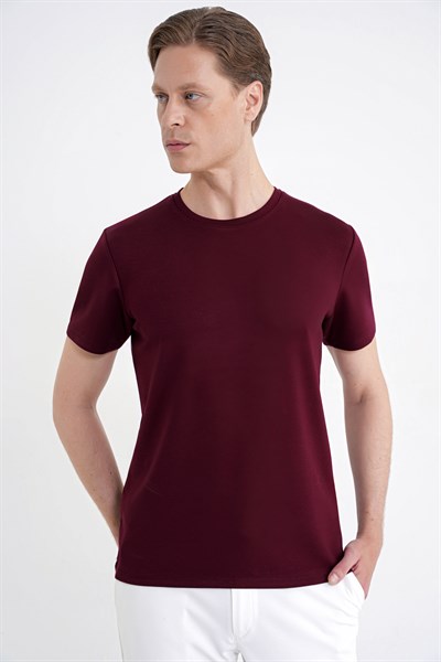 Comfort Fit Bisiklet Yaka %97 Esnek Pamuklu Bordo Tişört TS 885