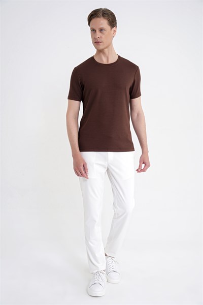Comfort Fit Bisiklet Yaka %97 Esnek Pamuklu Kakao Tişört TS 885
