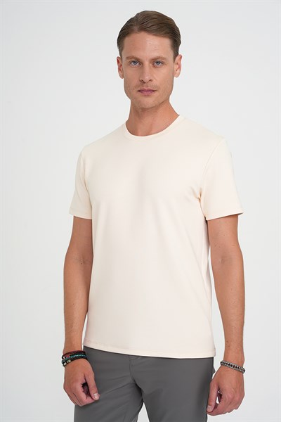 Comfort Fit Bisiklet Yaka %97 Esnek Pamuklu Krem Tişört TS 885