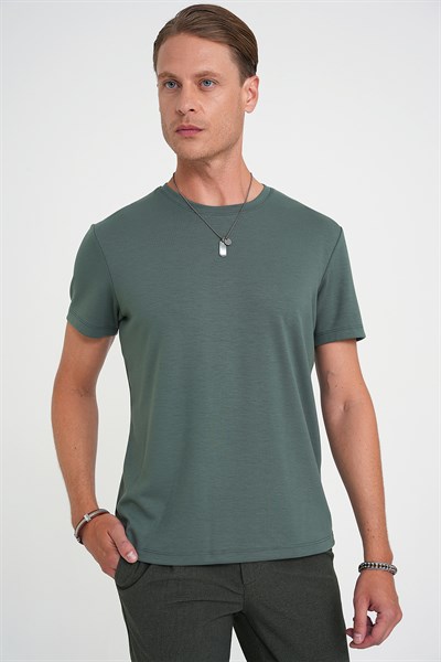 Comfort Fit Bisiklet Yaka %97 Esnek Pamuklu Çağla Tişört TS 885