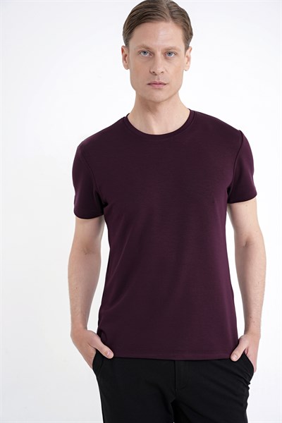 Comfort Fit Bisiklet Yaka %97 Esnek Pamuklu Mürdüm Tişört TS 885