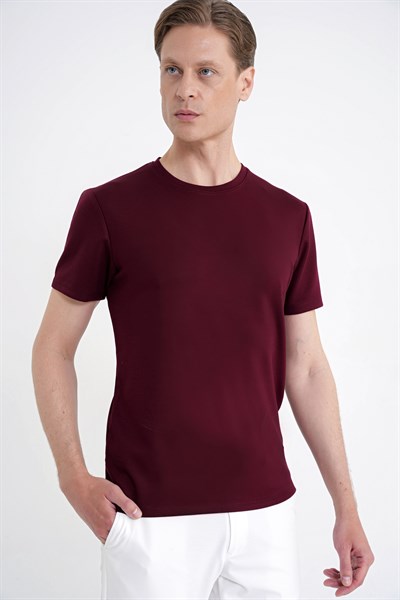 Comfort Fit Bisiklet Yaka %97 Esnek Pamuklu Bordo Tişört TS 885