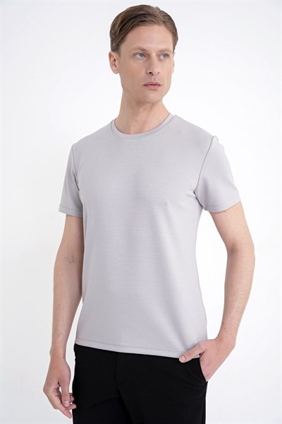 Comfort Fit Bisiklet Yaka %97 Esnek Pamuklu Gri Tişört TS 885