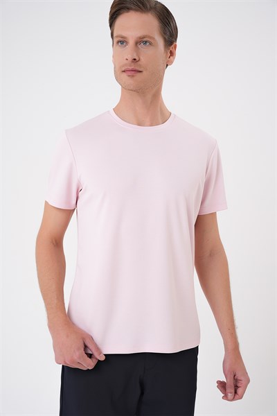 Comfort Fit Bisiklet Yaka %97 Esnek Pamuklu Pembe Tişört TS 885