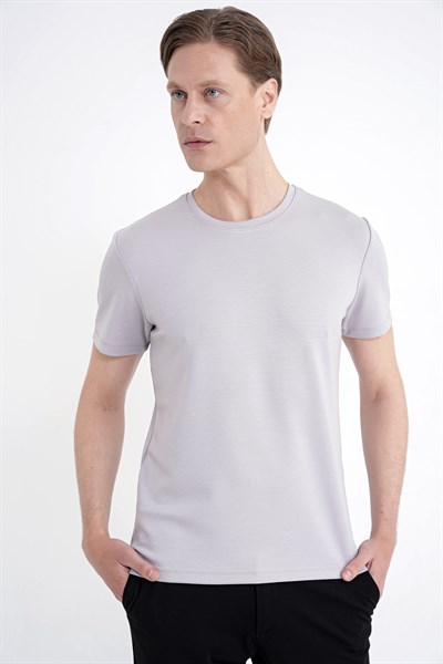 Comfort Fit Bisiklet Yaka %97 Esnek Pamuklu Gri Tişört TS 885