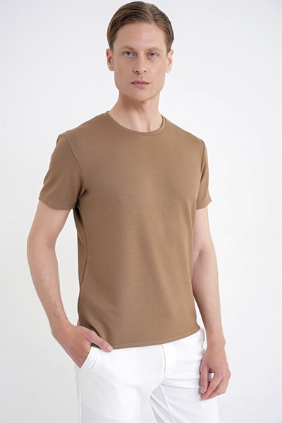 Comfort Fit Bisiklet Yaka %97 Esnek Pamuklu Vizon Tişört TS 885