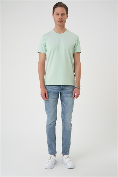 Comfort Fit Bisiklet Yaka %97 Esnek Pamuklu Mint Yeşili Tişört TS 885