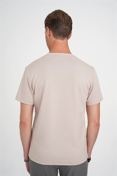 Comfort Fit Bisiklet Yaka %97 Esnek Pamuklu Bej Tişört TS 885