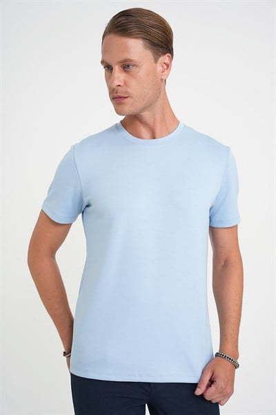 Comfort Fit Bisiklet Yaka %97 Esnek Pamuklu Mavi Tişört TS 885