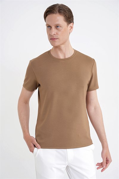 Comfort Fit Bisiklet Yaka %97 Esnek Pamuklu Vizon Tişört TS 885