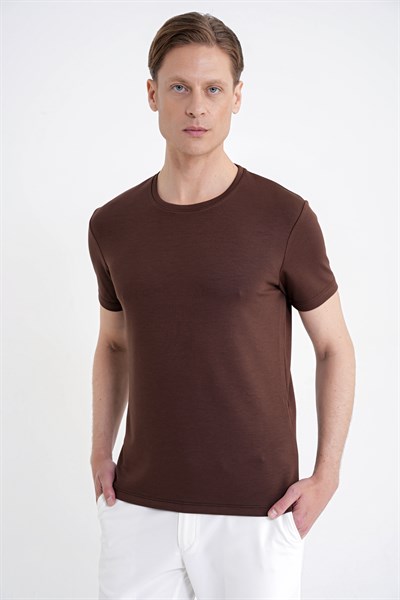 Comfort Fit Bisiklet Yaka %97 Esnek Pamuklu Kakao Tişört TS 885