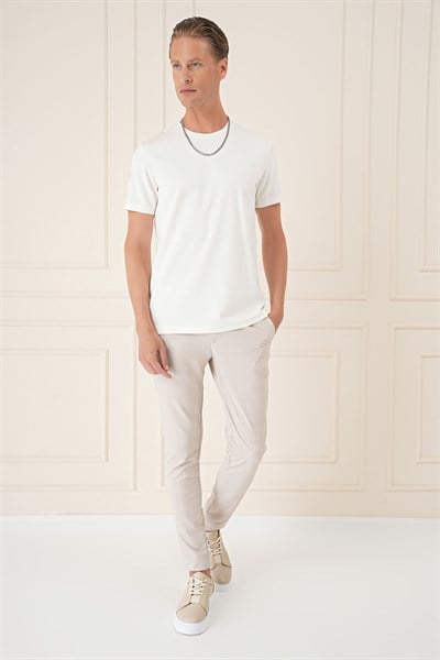 Comfort Fit Bisiklet Yaka %97 Esnek Pamuklu Ekru Tişört TS 885