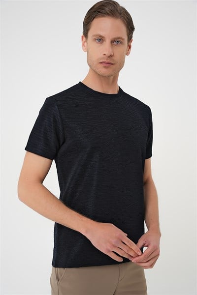 Comfort Fit Bisiklet Yaka Armürlü Dokulu Lacivert Tişört TS 896