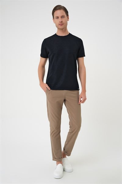 Comfort Fit Bisiklet Yaka Armürlü Dokulu Lacivert Tişört TS 896