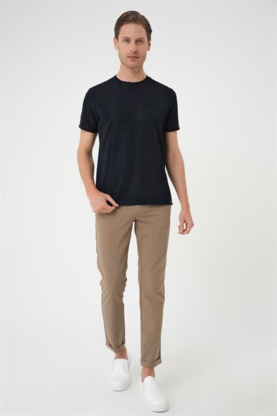 Comfort Fit Bisiklet Yaka Armürlü Dokulu Lacivert Tişört TS 896