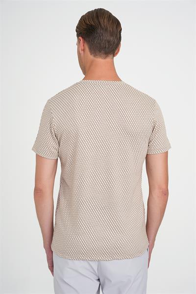 Comfort Fit Bisiklet Yaka Esnek Pamuklu Baklava Desen Bej Tişört TS 908