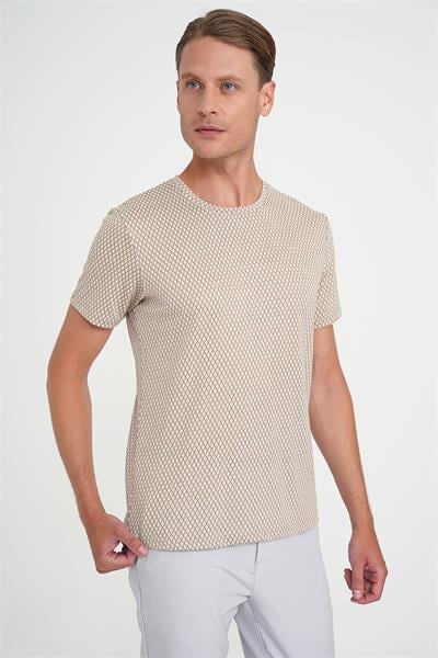 Comfort Fit Bisiklet Yaka Esnek Pamuklu Baklava Desen Bej Tişört TS 908
