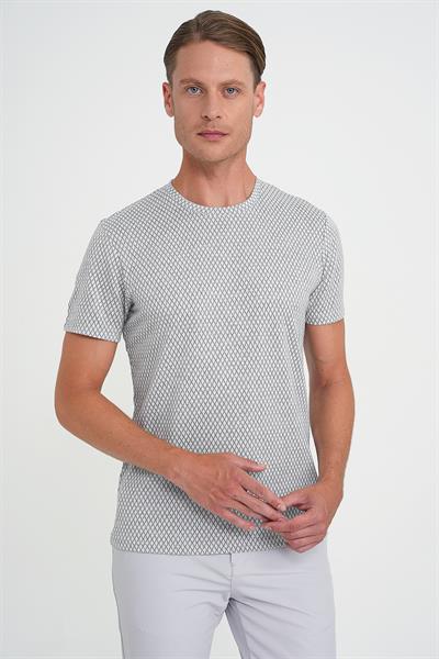 Comfort Fit Bisiklet Yaka Baklava Desen Kısa Kol Gri Tişört Ts 908