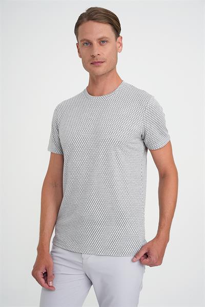 Comfort Fit Bisiklet Yaka Baklava Desen Kısa Kol Gri Tişört Ts 908