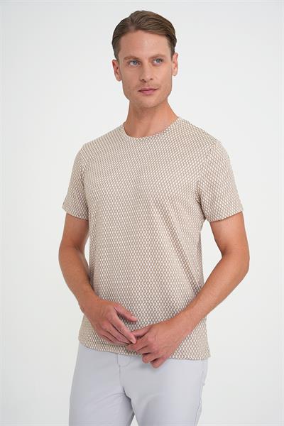 Comfort Fit Bisiklet Yaka Esnek Pamuklu Baklava Desen Bej Tişört TS 908