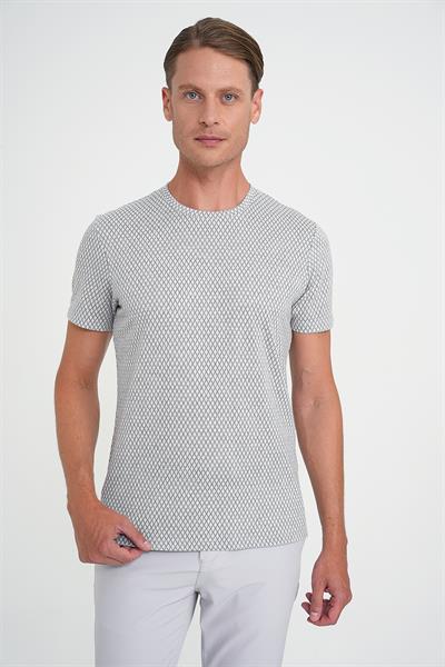 Comfort Fit Bisiklet Yaka Baklava Desen Kısa Kol Gri Tişört Ts 908