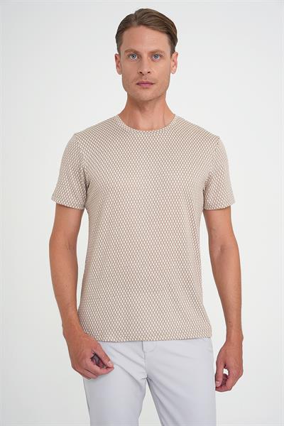 Comfort Fit Bisiklet Yaka Esnek Pamuklu Baklava Desen Bej Tişört TS 908