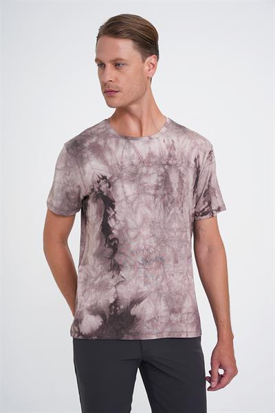 Comfort Fit Bisiklet Yaka Batik Desen Kısa Kol Bej Tişört Ts 914
