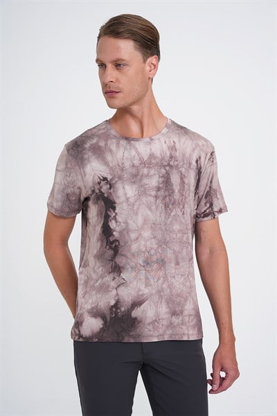 Comfort Fit Bisiklet Yaka Batik Desen Pamuklu Bej Tişört TS 914