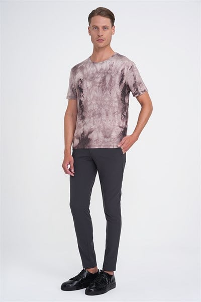 Comfort Fit Bisiklet Yaka Batik Desen Pamuklu Bej Tişört TS 914