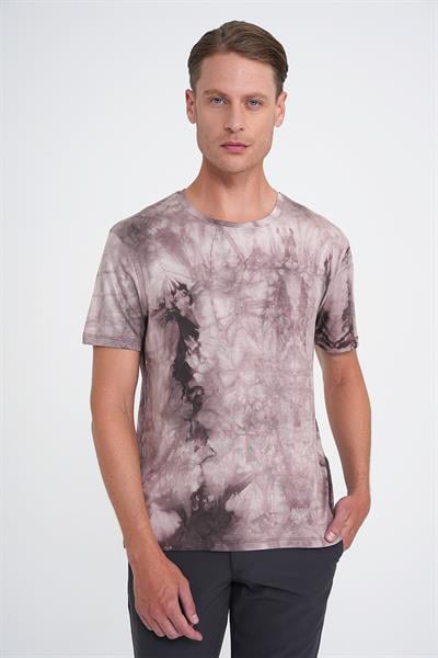 Comfort Fit Bisiklet Yaka Batik Desen Kısa Kol Bej Tişört Ts 914