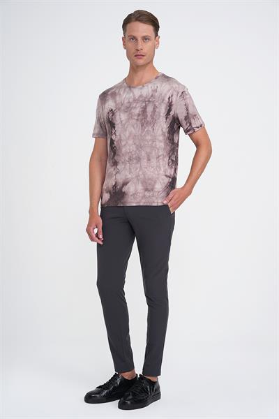 Comfort Fit Bisiklet Yaka Batik Desen Kısa Kol Bej Tişört Ts 914