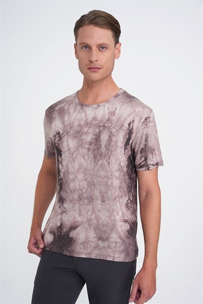 Comfort Fit Bisiklet Yaka Batik Desen Pamuklu Bej Tişört TS 914