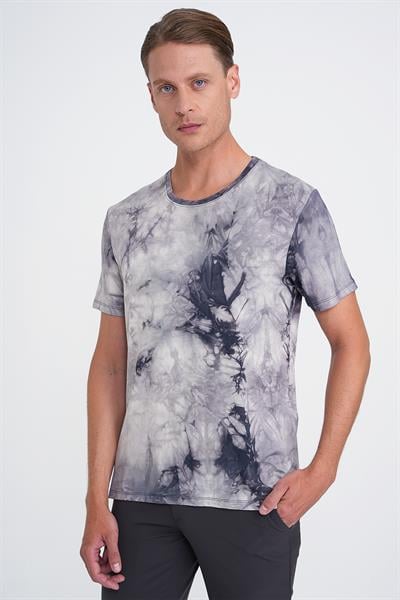 Comfort Fit Bisiklet Yaka Batik Desen Kısa Kol Lacivert Tişört Ts 914