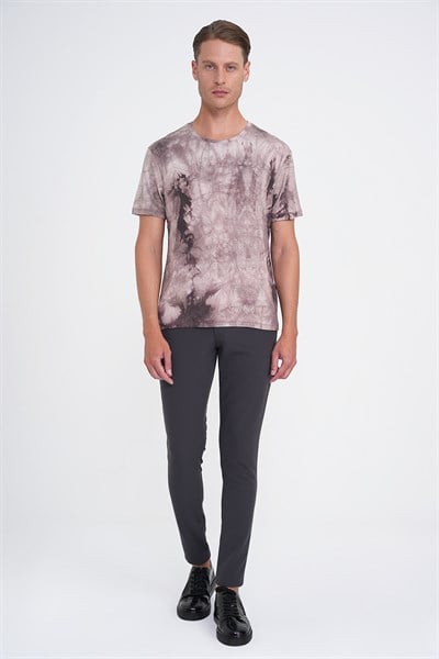Comfort Fit Bisiklet Yaka Batik Desen Pamuklu Bej Tişört TS 914