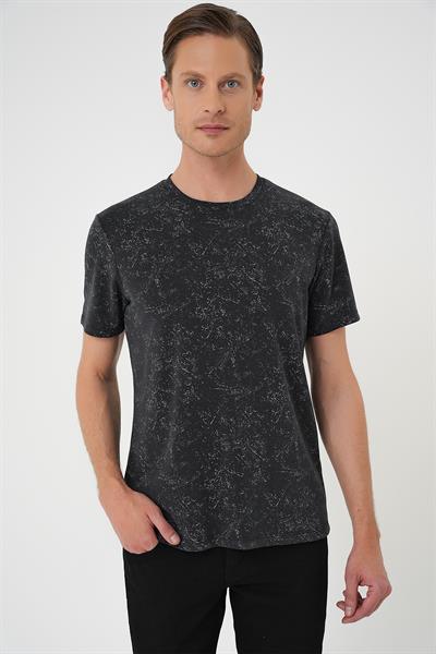 Comfort Fit Bisiklet Yaka Batik Görünmlü Kısa Kol Casual Siyah Tişört Ts 905