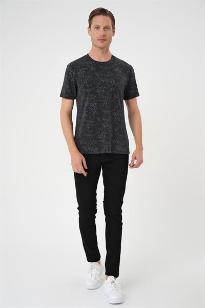 Comfort Fit Bisiklet Yaka Batik Görünmlü Kısa Kol Casual Siyah Tişört Ts 905